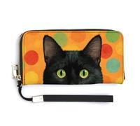Jubonexis Cute Black Cat with Green Eyes PU Leather Clutch Long Bifold Wallet, Coin Purse Credit Pass Case, Durable Card-Holder Money Storage for Women Men
