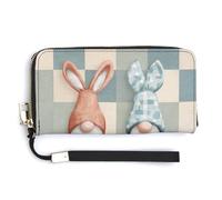 Jubonexis Cute Easter Gnomes on Checkered Pattern PU Leather Clutch Long Bifold Wallet, Coin Purse Credit Pass Case, Durable Card-Holder Money Storage for Women Men