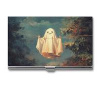 Jubonexis Cute Ghost Hanging on The Line Business Card Holder, Pocket Slim Metal Business Card Case for Women Men
