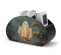 Jubonexis Cute Ghost Hanging on The Line Remotes Control Holder with 5 Compartments Leather TV Remote Caddy Storage Box Desktop Organizer