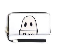 Jubonexis Cute Ghost Holding A Sign Boo Minimalist PU Leather Clutch Long Bifold Wallet, Coin Purse Credit Pass Case, Durable Card-Holder Money Storage for Women Men