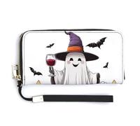 Jubonexis Cute Ghost Holding A Wine Glass PU Leather Clutch Long Bifold Wallet, Coin Purse Credit Pass Case, Durable Card-Holder Money Storage for Women Men