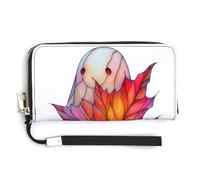 Jubonexis Cute Ghost Holding Red Maple Leaf PU Leather Clutch Long Bifold Wallet, Coin Purse Credit Pass Case, Durable Card-Holder Money Storage for Women Men