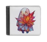 Jubonexis Cute Ghost Holding Red Maple Leaf Soft PU Leather Bifold Wallet, Coin Purse Credit Pass Case, Durable Card-Holder Slim Billfold for Men Woman Money Storage