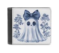 Jubonexis Cute Ghost Navy Blue Bow Vintage Soft PU Leather Bifold Wallet, Coin Purse Credit Pass Case, Durable Card-Holder Slim Billfold for Men Woman Money Storage