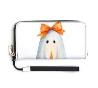 Jubonexis Cute Ghost Orange Bow Holding A Candle PU Leather Clutch Long Bifold Wallet, Coin Purse Credit Pass Case, Durable Card-Holder Money Storage for Women Men