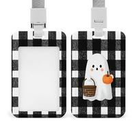 Jubonexis Cute Ghost Pumpkin Basket Black White Checkered ID Badge Holder Retractable Clip Card Holder Card Protector Name Badge Name Tag for Work Office Doctor Nurse