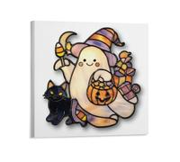 Jubonexis Cute Ghost Pumpkin-shaped Candy Bucket Canvas Wall Art Poster Painting Aesthetic Picture for Living Room Farmhouse Decor Unframed 16x16inch(40x40cm)