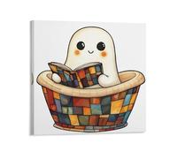 Jubonexis Cute Ghost Reading in The Bathtub Canvas Wall Art Poster Painting Aesthetic Picture for Living Room Farmhouse Decor Unframed 16x16inch(40x40cm)
