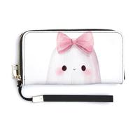 Jubonexis Cute Ghost Wearing Pink Bow on Head PU Leather Clutch Long Bifold Wallet, Coin Purse Credit Pass Case, Durable Card-Holder Money Storage for Women Men
