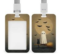 Jubonexis Cute Ghost White Cat Sitting on Broom ID Badge Holder Retractable Clip Card Holder Card Protector Name Badge Name Tag for Work Office Doctor Nurse