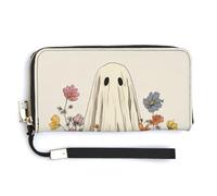 Jubonexis Cute Ghost Wildflowers Vintage PU Leather Clutch Long Bifold Wallet, Coin Purse Credit Pass Case, Durable Card-Holder Money Storage for Women Men
