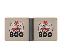 Jubonexis Cute Ghosts Handing Red Hearts Halloween Valentine Soft PU Leather Bifold Wallet, Coin Purse Credit Pass Case, Durable Card-Holder Slim Billfold for Men Woman Money Storage