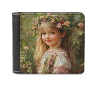 Jubonexis Cute Girl Flower Crown Soft PU Leather Bifold Wallet, Coin Purse Credit Pass Case, Durable Card-Holder Slim Billfold for Men Woman Money Storage