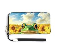 Jubonexis Cute Green Frog in The Sunflower Field PU Leather Clutch Long Bifold Wallet, Coin Purse Credit Pass Case, Durable Card-Holder Money Storage for Women Men