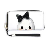 Jubonexis Cute Halloween Ghost Black Bow PU Leather Clutch Long Bifold Wallet, Coin Purse Credit Pass Case, Durable Card-Holder Money Storage for Women Men