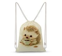 Jubonexis Cute Hedgehog Holding A Pale Green Teacup Drawstring Backpack Canvas String Bag Lightweight Sports Gym Bag for Men Women