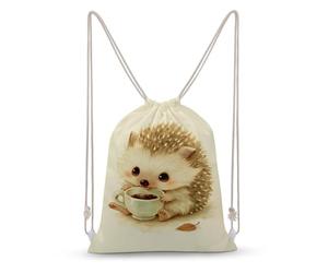 Jubonexis Cute Hedgehog Holding A Pale Green Teacup Drawstring Backpack Canvas String Bag Lightweight Sports Gym Bag for Men Women