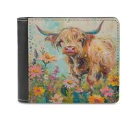 Jubonexis Cute Highland Cow in Flower Garden Soft PU Leather Bifold Wallet, Coin Purse Credit Pass Case, Durable Card-Holder Slim Billfold for Men Woman Money Storage