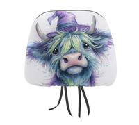 Jubonexis Cute Highland Cow Neon Green Printed Car Headrest Cover,2 Pieces, Elastic Comfort Head Rest Cover for Women Men, Universal Fits Most Cars Van SUV Truck, Car Interior Decor Accessories