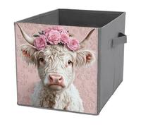 Jubonexis Cute Highland Cow with Pink Roses Cube Storage Bins Storage Cubes Foldable Decorative Fabric Storage Baskets Home Organizers with Handles for Shelves,Closet, 27x27 CM