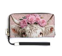 Jubonexis Cute Highland Cow with Pink Roses PU Leather Clutch Long Bifold Wallet, Coin Purse Credit Pass Case, Durable Card-Holder Money Storage for Women Men