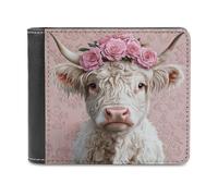 Jubonexis Cute Highland Cow with Pink Roses Soft PU Leather Bifold Wallet, Coin Purse Credit Pass Case, Durable Card-Holder Slim Billfold for Men Woman Money Storage