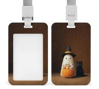 Jubonexis Cute Litte Ghost Holding Candies Black Cat ID Badge Holder Retractable Clip Card Holder Card Protector Name Badge Name Tag for Work Office Doctor Nurse