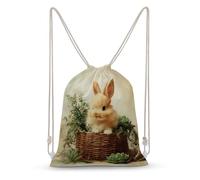 Jubonexis Cute Little Bunny in The Basket Green Plants Drawstring Backpack Canvas String Bag Lightweight Sports Gym Bag for Men Women