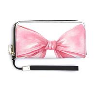 Jubonexis Cute Pink Bow in A Pastel Watercolor PU Leather Clutch Long Bifold Wallet, Coin Purse Credit Pass Case, Durable Card-Holder Money Storage for Women Men