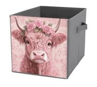 Jubonexis Cute Pink Highland Cow with Roses Cube Storage Bins Storage Cubes Foldable Decorative Fabric Storage Baskets Home Organizers with Handles for Shelves,Closet, 27x27 CM