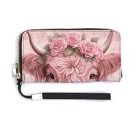 Jubonexis Cute Pink Highland Cow with Roses PU Leather Clutch Long Bifold Wallet, Coin Purse Credit Pass Case, Durable Card-Holder Money Storage for Women Men