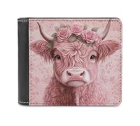 Jubonexis Cute Pink Highland Cow with Roses Soft PU Leather Bifold Wallet, Coin Purse Credit Pass Case, Durable Card-Holder Slim Billfold for Men Woman Money Storage