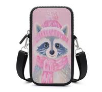 Jubonexis Cute Raccoon Pink Scarf Hat Christmas Crossbody Mobile Phone Bag Smartphone Bag With Adjustable Strap