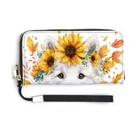 Jubonexis Cute Samoyed Dog Sunflowers Autumn Leaves PU Leather Clutch Long Bifold Wallet, Coin Purse Credit Pass Case, Durable Card-Holder Money Storage for Women Men