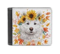 Jubonexis Cute Samoyed Dog Sunflowers Autumn Leaves Soft PU Leather Bifold Wallet, Coin Purse Credit Pass Case, Durable Card-Holder Slim Billfold for Men Woman Money Storage