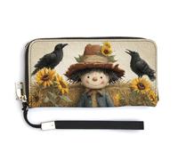 Jubonexis Cute Scarecrow My Autumn Sunflowers Crows PU Leather Clutch Long Bifold Wallet, Coin Purse Credit Pass Case, Durable Card-Holder Money Storage for Women Men
