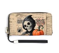Jubonexis Cute Skeleton Holding A Pumpkin PU Leather Clutch Long Bifold Wallet, Coin Purse Credit Pass Case, Durable Card-Holder Money Storage for Women Men