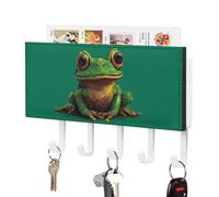 Jubonexis Cute Smiling Green Frog on Green Key Holder for Wall Mail Organizer Wall Mount with 5 Hooks Acrylic Key Rack for Home Office Entryway