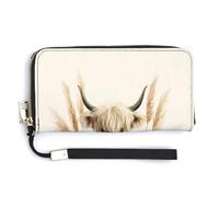 Jubonexis Cute Watercolor Highland Cow Cactus Grass PU Leather Clutch Long Bifold Wallet, Coin Purse Credit Pass Case, Durable Card-Holder Money Storage for Women Men