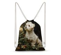 Jubonexis Cute White Dog Sitting in A Rose Garden Drawstring Backpack Canvas String Bag Lightweight Sports Gym Bag for Men Women