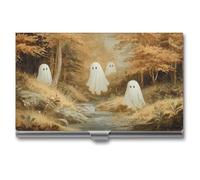Jubonexis Cute White Ghosts in an Autumn Forest Business Card Holder, Pocket Slim Metal Business Card Case for Women Men