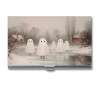 Jubonexis Cute White Ghosts in Snowy ICY Landscape Business Card Holder, Pocket Slim Metal Business Card Case for Women Men