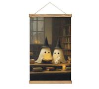 Jubonexis Cute Witch Ghosts Reading Old Library Canvas Painting Wood Frames Poster Hanger Hanging Picture Kit Wall Art