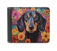 Jubonexis Dachund Dog Colorful Flowers Retro Soft PU Leather Bifold Wallet, Coin Purse Credit Pass Case, Durable Card-Holder Slim Billfold for Men Woman Money Storage