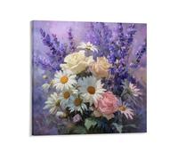 Jubonexis Daisies Roses And Lavender Flowers Canvas Wall Art Poster Painting Aesthetic Picture for Living Room Farmhouse Decor Unframed 16x16inch(40x40cm)
