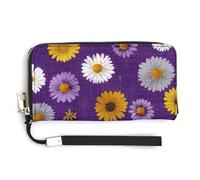 Jubonexis Daisy Flowers on Purple Linen Pattern PU Leather Clutch Long Bifold Wallet, Coin Purse Credit Pass Case, Durable Card-Holder Money Storage for Women Men