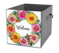 Jubonexis Daisy Gerbera Flowers Lush Green Leaves Cube Storage Bins Storage Cubes Foldable Decorative Fabric Storage Baskets Home Organizers with Handles for Shelves,Closet, 27x27 CM