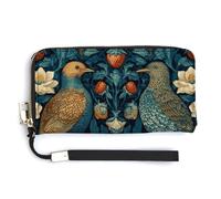 Jubonexis Dark Blue Bird Flower Botanical Pattern PU Leather Clutch Long Bifold Wallet, Coin Purse Credit Pass Case, Durable Card-Holder Money Storage for Women Men