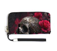 Jubonexis Dark Gothic Skull and Red Rose PU Leather Clutch Long Bifold Wallet, Coin Purse Credit Pass Case, Durable Card-Holder Money Storage for Women Men